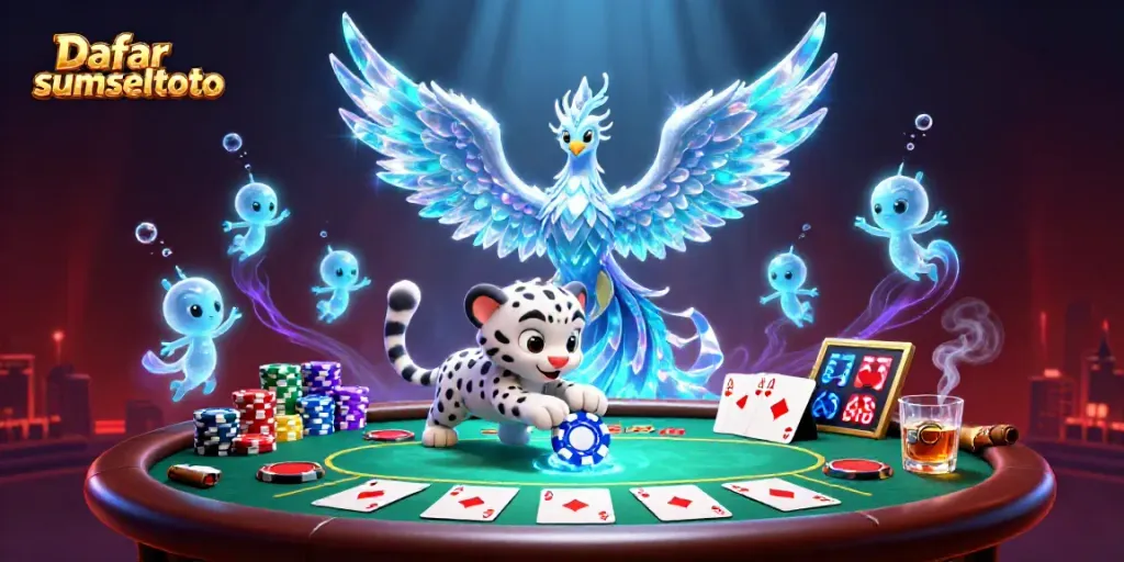 Engage with Daftar sumseltoto while enjoying a vibrant 3D casino scene with colorful poker elements.