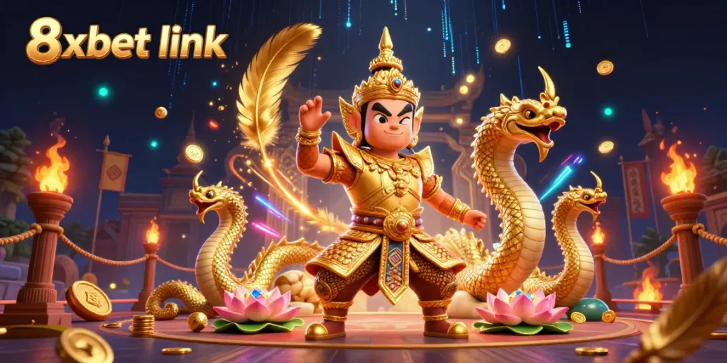 Experience the thrill of betting with 8xbet link in a captivating 3D illustration of guardians and gaming elements.