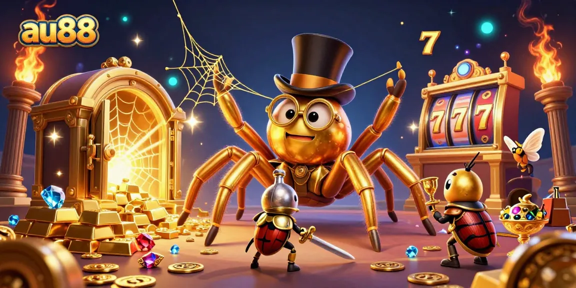 Experience excitement with au88 at the casino, featuring a golden tarantula and beetle knight in a vibrant scene.