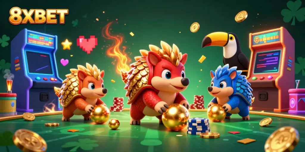 Experience gaming thrills with 8XBET's vibrant pangolins battling through poker chips.
