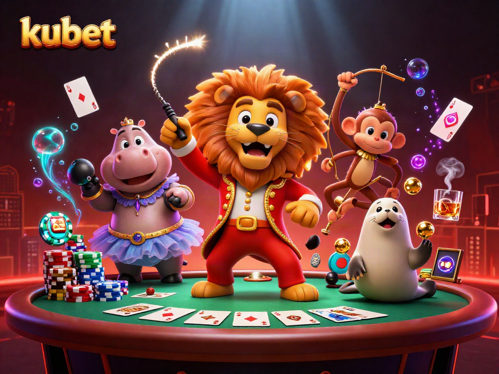 Kubet's engaging casino scene showcases a vibrant 3D circus with playful characters amidst dynamic poker elements.