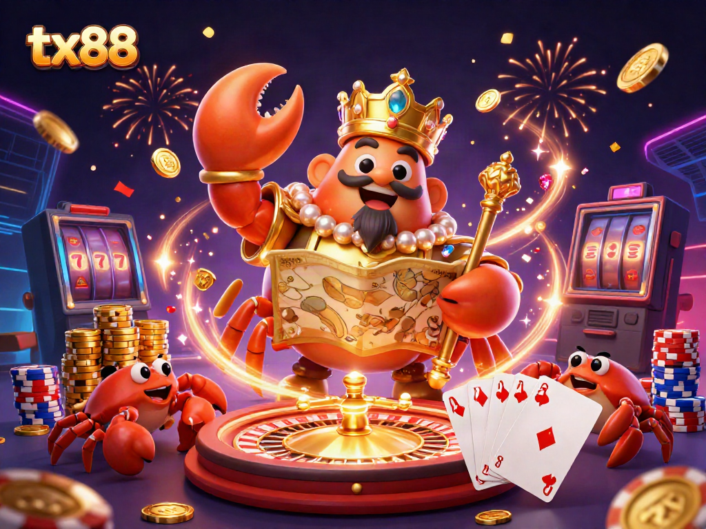 Experience tx88's thrilling casino with a golden crab emperor leading the fun and fortune!