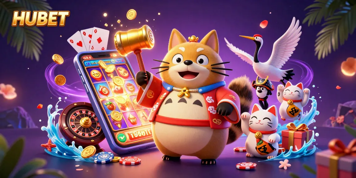 Play lucky slots at HUBET with cheerful tanuki, samurai crane, and waving fortune cats.