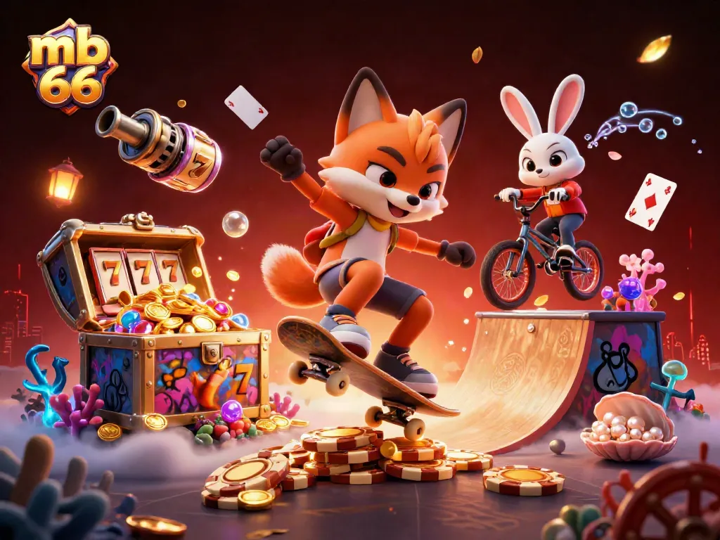 Engage with mb 66 in this dynamic 3D casino illustration showcasing a skateboarder fox and BMX-riding rabbit amidst casino symbols and treasures.