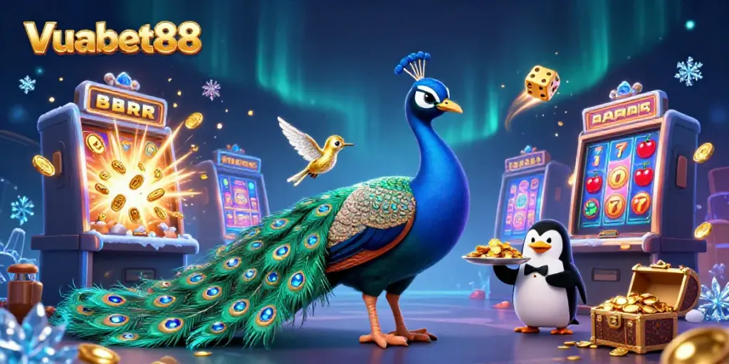Experience thrilling moments with Vuabet88 in a vibrant 3D casino scene featuring jackpot excitement and colorful gaming elements.