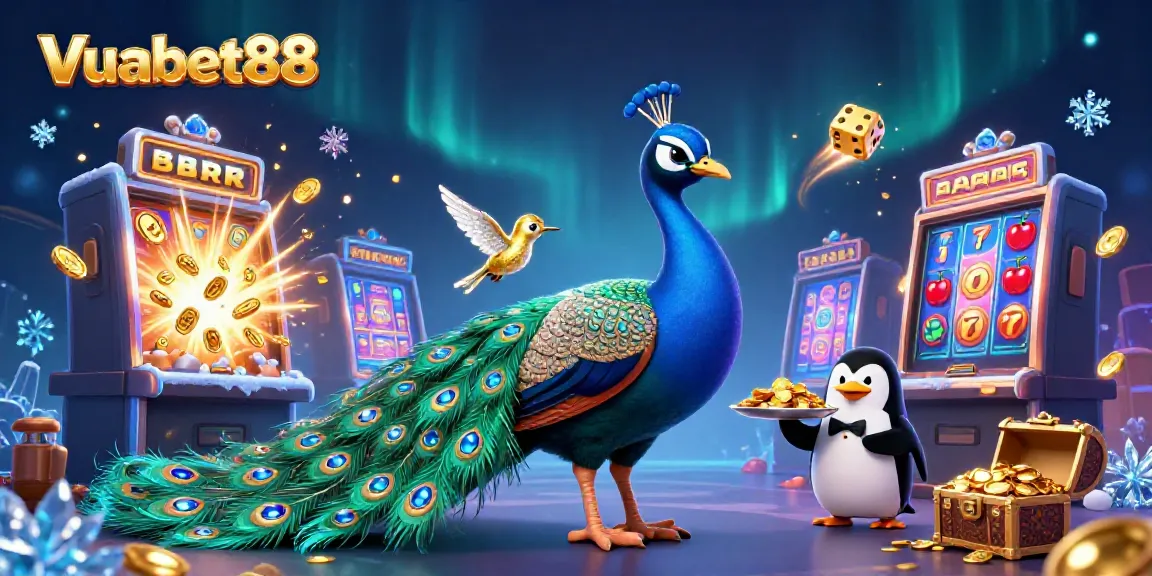 Experience thrilling moments with Vuabet88 in a vibrant 3D casino scene featuring jackpot excitement and colorful gaming elements.