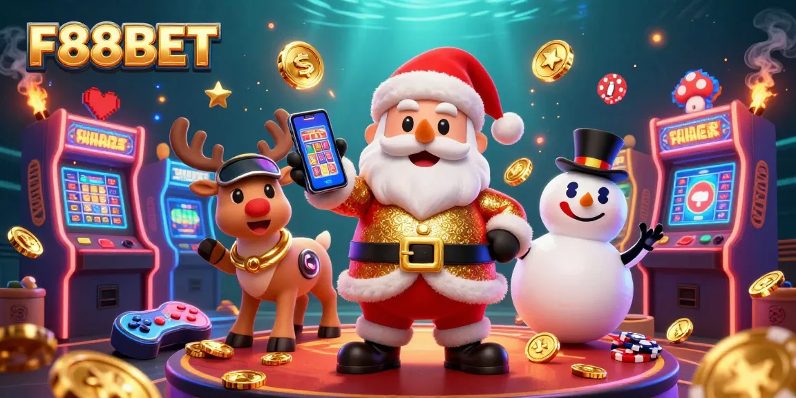 Win big with F88BET in this vibrant casino-themed digital illustration featuring Santa Claus, a reindeer, and a snowman.
