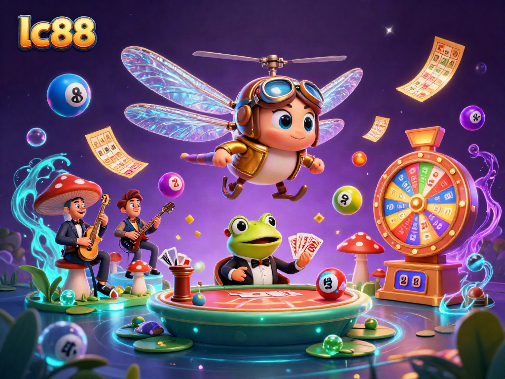 Engage in thrilling gameplay at lc88 with a colorful scene featuring a dragonfly pilot and a frog croupier.