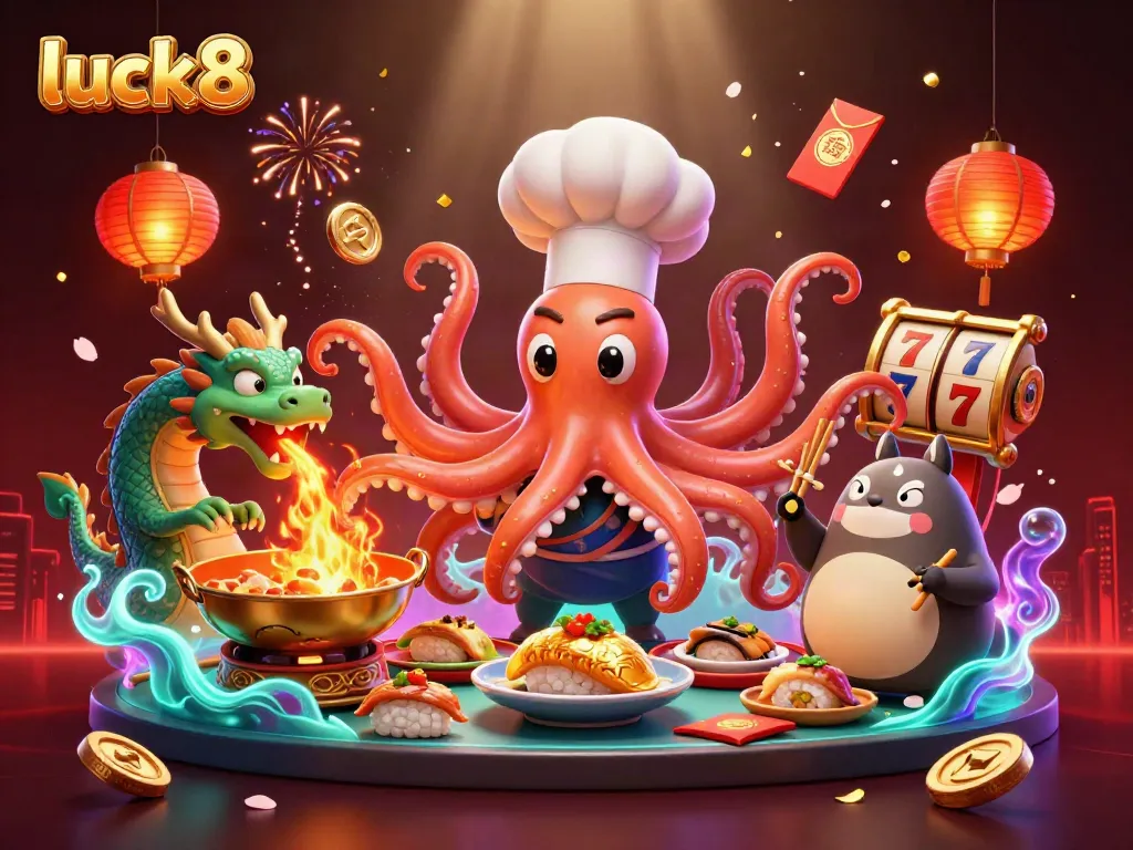 Experience the thrill of luck8 with a vibrant scene featuring a cartoon chef octopus and dragon, celebrating casino gameplay.