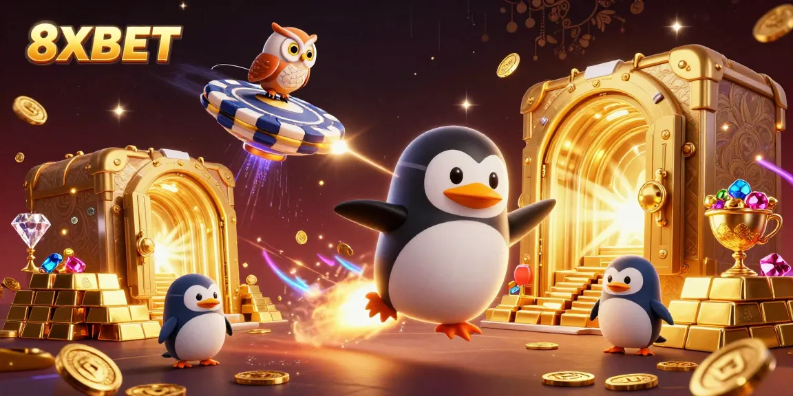Experience 8XBET's thrilling adventure as a golden penguin soars towards a casino space station filled with treasures.