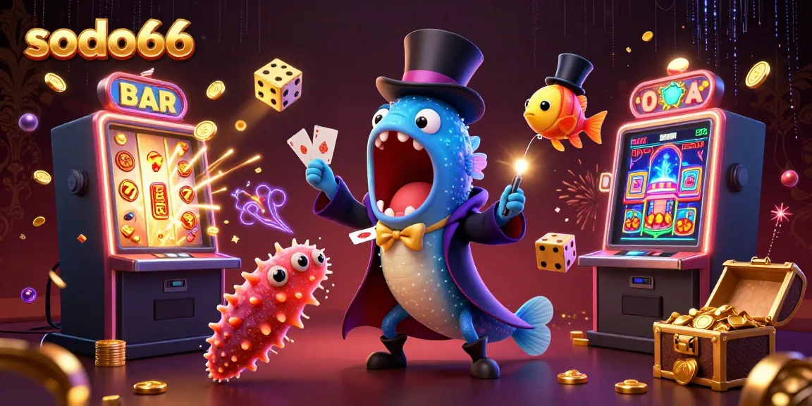 Experience the lively magic act of sodo66 with characters performing tricks amidst casino chaos and excitement.