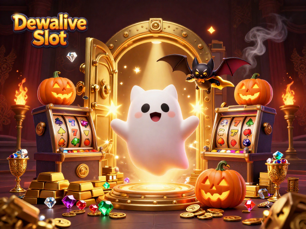 Experience Dewalive Slot with ghost cat and treasure in a haunted casino scene.