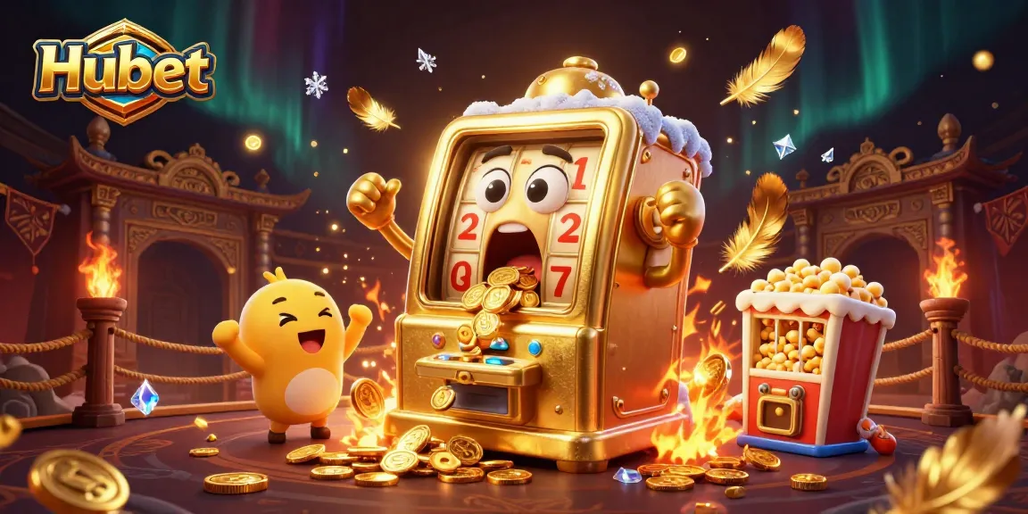 Hubet slot machine celebrates hitting a jackpot with coins and cheering companions in a dynamic casino scene.