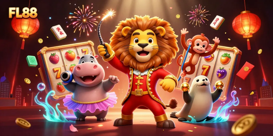 Experience the fun and excitement of FL88 with a dynamic 3D casino illustration featuring vibrant games and characters.