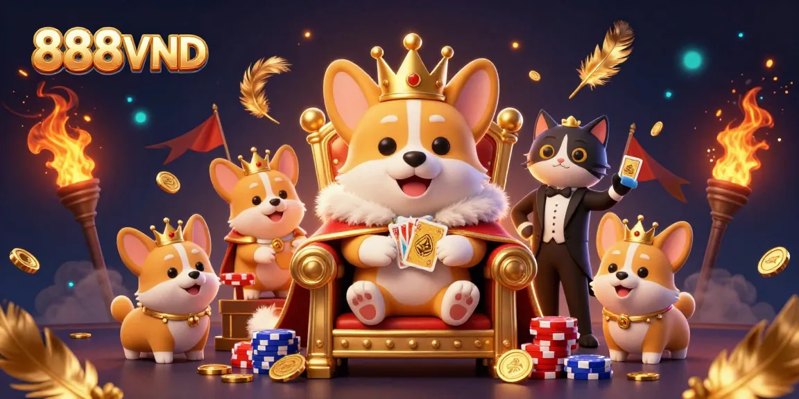 Engage with the excitement of 888VND as a royal corgi presides over a vibrant casino scene.