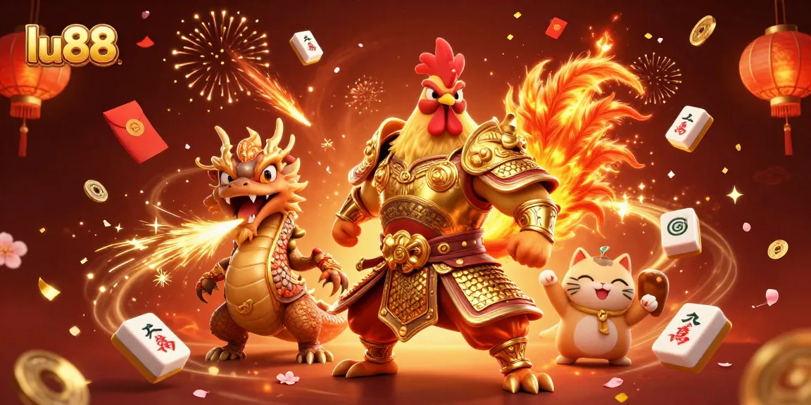 lu88 showcases a powerful rooster warrior, armored dragon, and fortune cat in a vibrant casino-themed celebration.