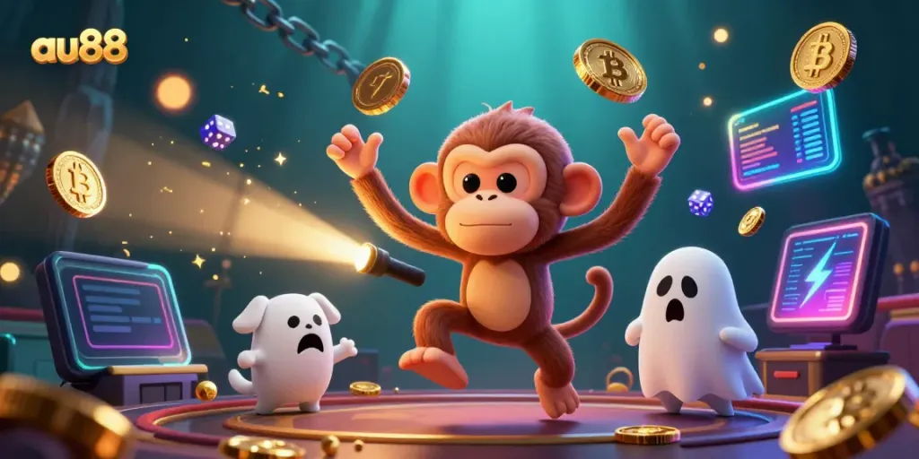 Engage in thrilling gameplay at au88 with a ghostly monkey juggling golden treasures in a haunted casino.