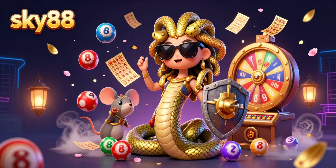 Experience sky88 with colorful lottery elements in a vibrant 3D casino scene featuring Medusa.