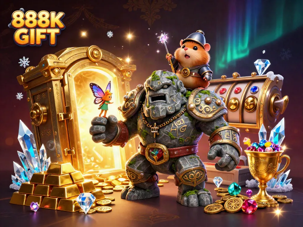 Win big with 888K GIFT: a magical scene of ancient treasures and casino excitement