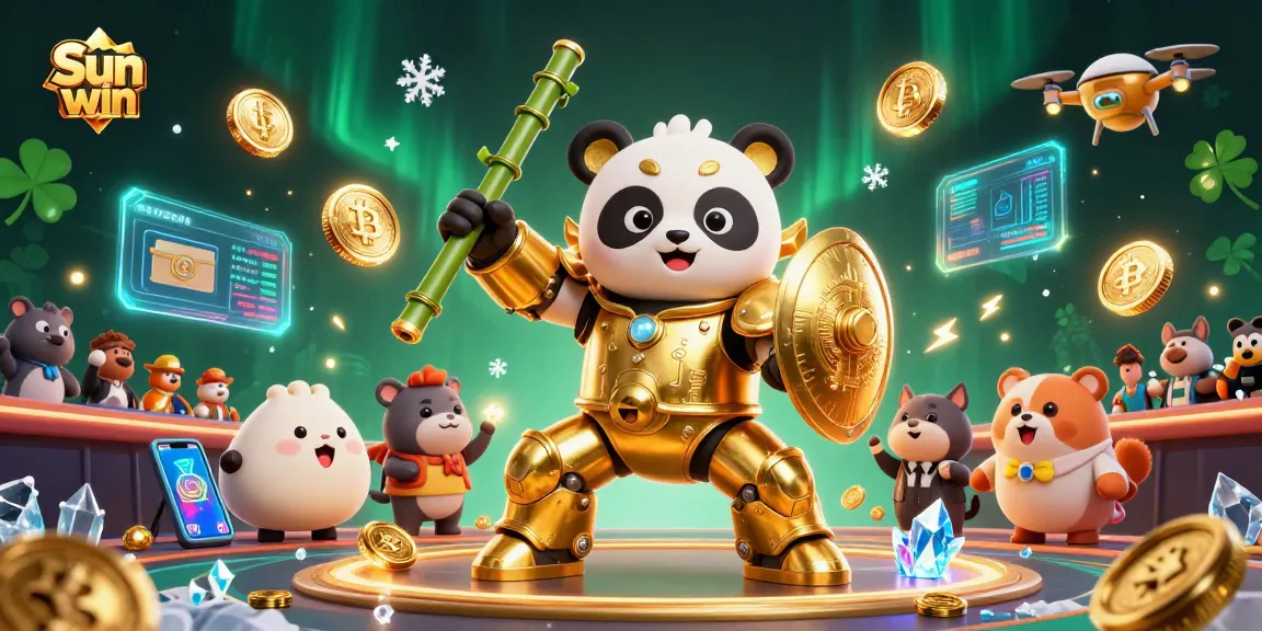 Sun win live casino scene featuring a golden panda in a mech-suit, surrounded by crypto coins and festive spectators.