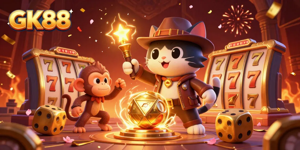 GK88 showcases gaming excitement with a cartoonish explorer cat and colorful casino elements.