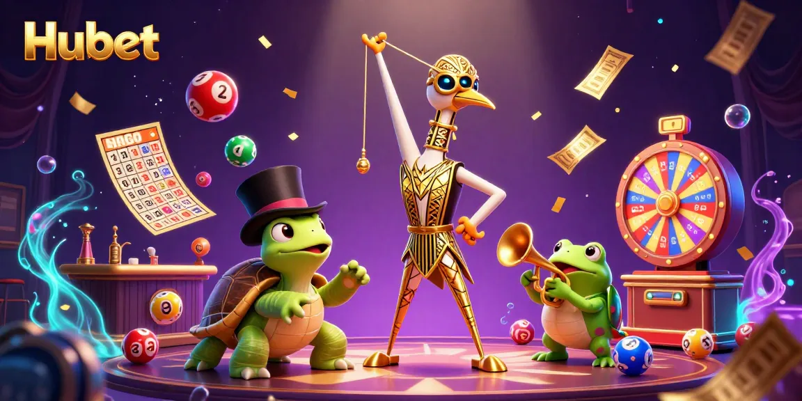 Engage with Hubet's dynamic casino scene featuring colorful lottery balls and charismatic characters.