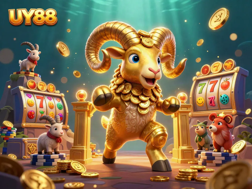 Experience adventurous UY88 gaming with immersive slots and gold coins in a vibrant 3D illustration.