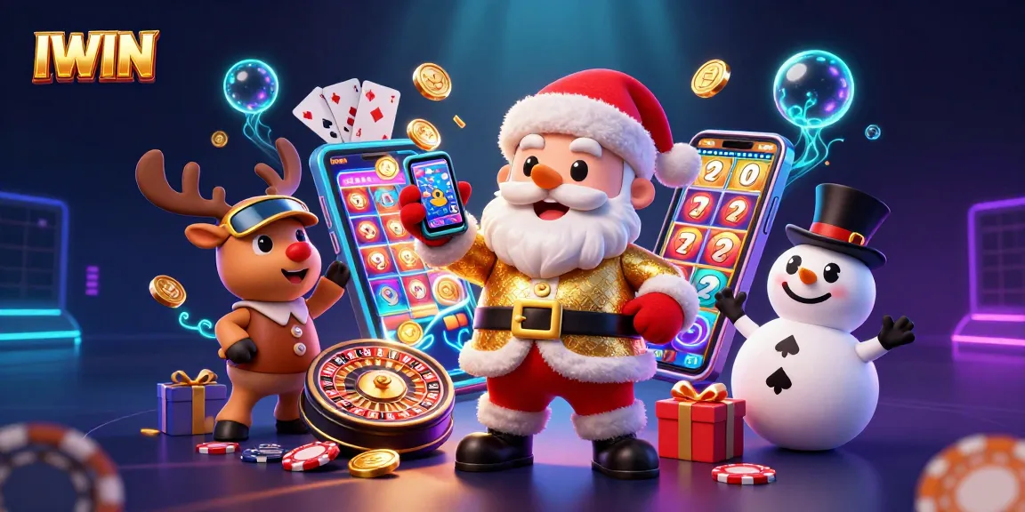 Experience IWIN's vibrant gaming world with Santa and friends in a lively casino scene.