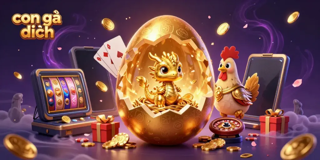 Experience the excitement of con gà đen with golden elements, poker chips, and casino games in action.