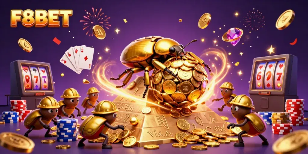 Experience thrilling action with F8BET as a golden beetle rolls a coin ball amidst casino symbols.
