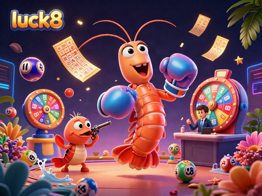 Engage in excitement with luck8 as a mantis shrimp in boxing gloves hosts a vibrant lottery and bingo scene.