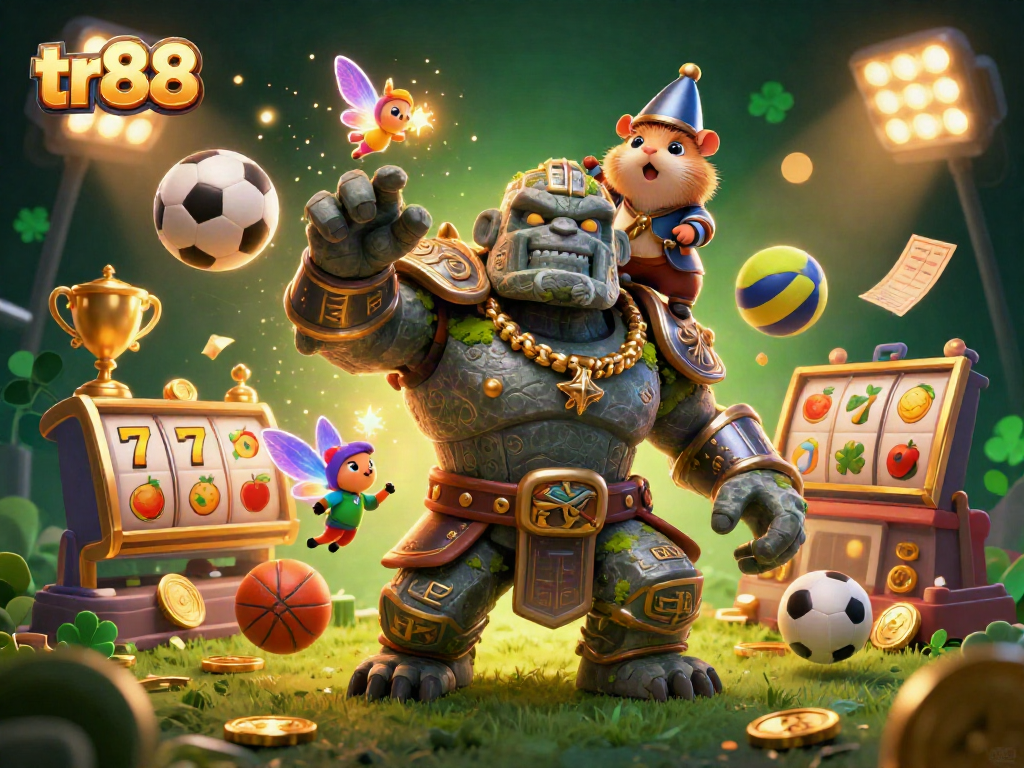 Experience tr88 with an ancient stone golem and whimsical characters amid casino excitement.