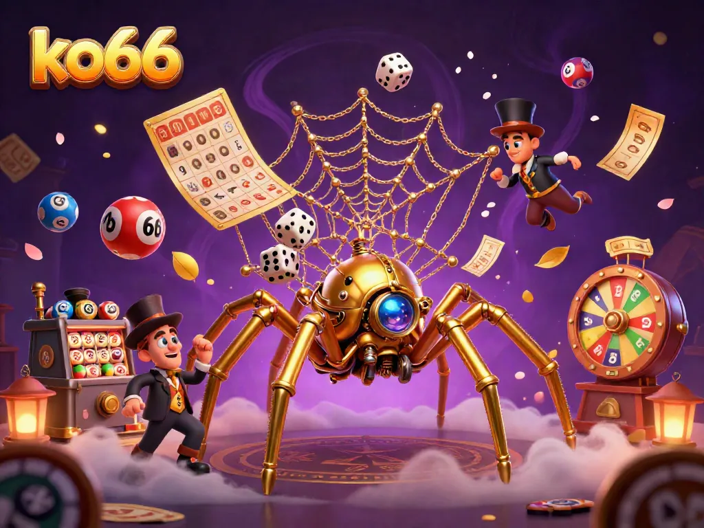 Experience excitement at ko66 with a golden spider capturing dice, surrounded by vibrant gaming elements.