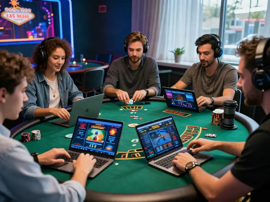 Players enjoying us casinos for uk players in a vibrant online gaming scene with laptops and tablets.