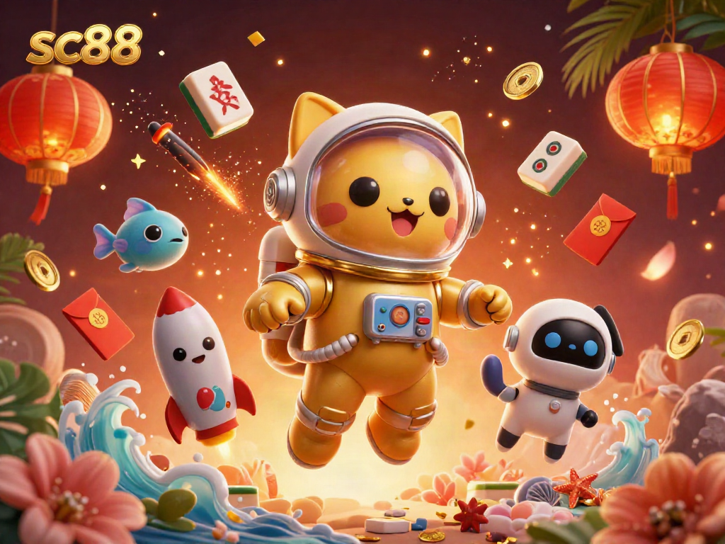 Experience sc88's thrilling casino world with a space cat and robot dog amidst vibrant gaming elements.