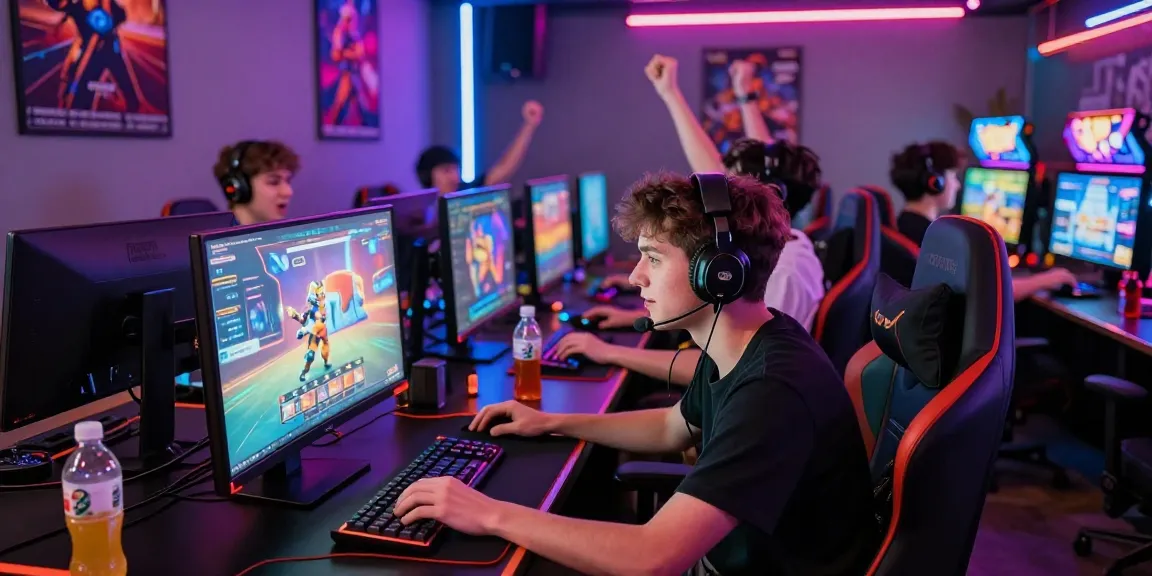 Friends enjoying the OPPA86 link in a vibrant gaming lounge, celebrating online slot victories.