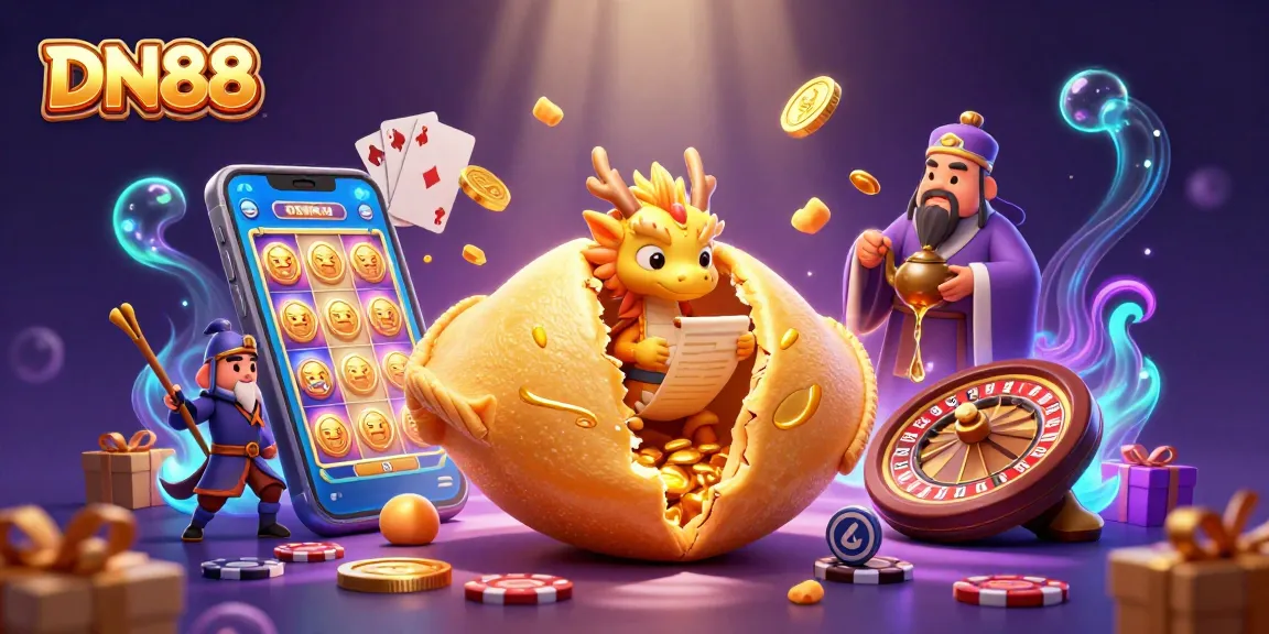Experience the thrill of winning at DN88 with cartoon characters, slot games, and golden fortune elements.