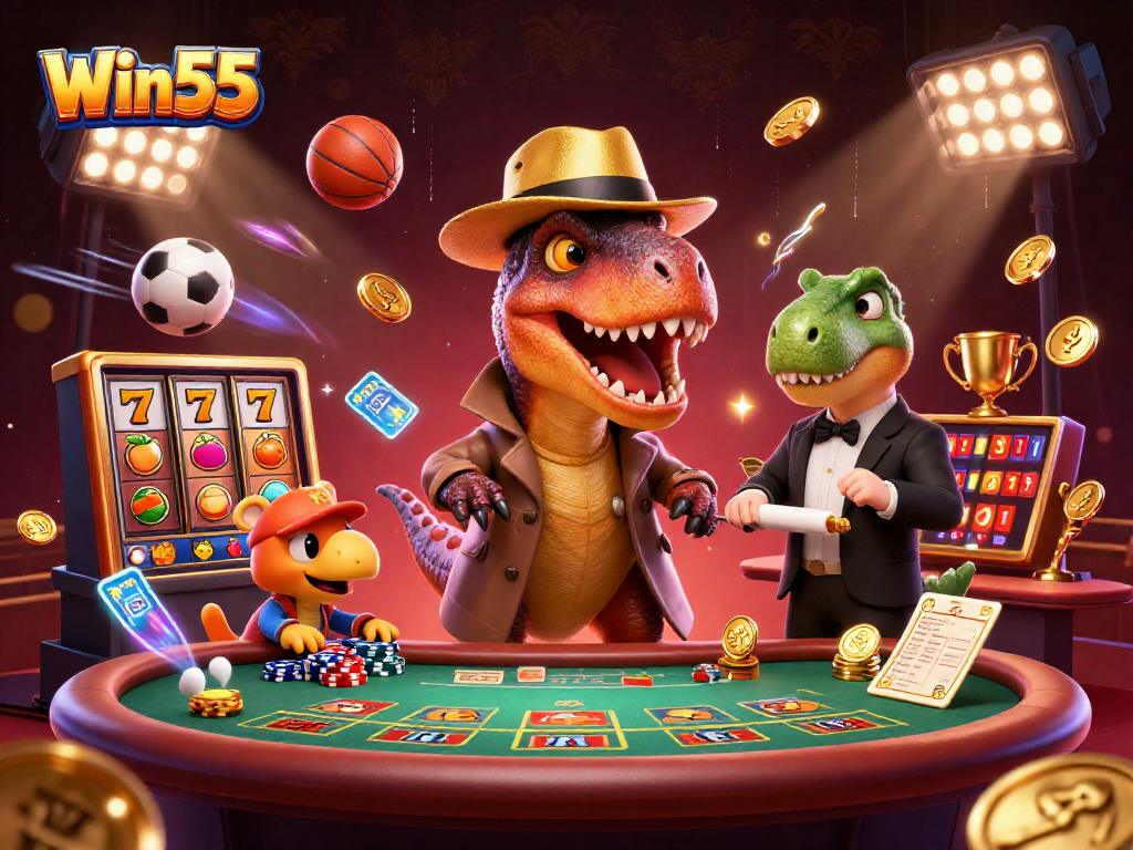 Engage with Win55 as a cartoon velociraptor card counter, surrounded by dynamic slot elements.