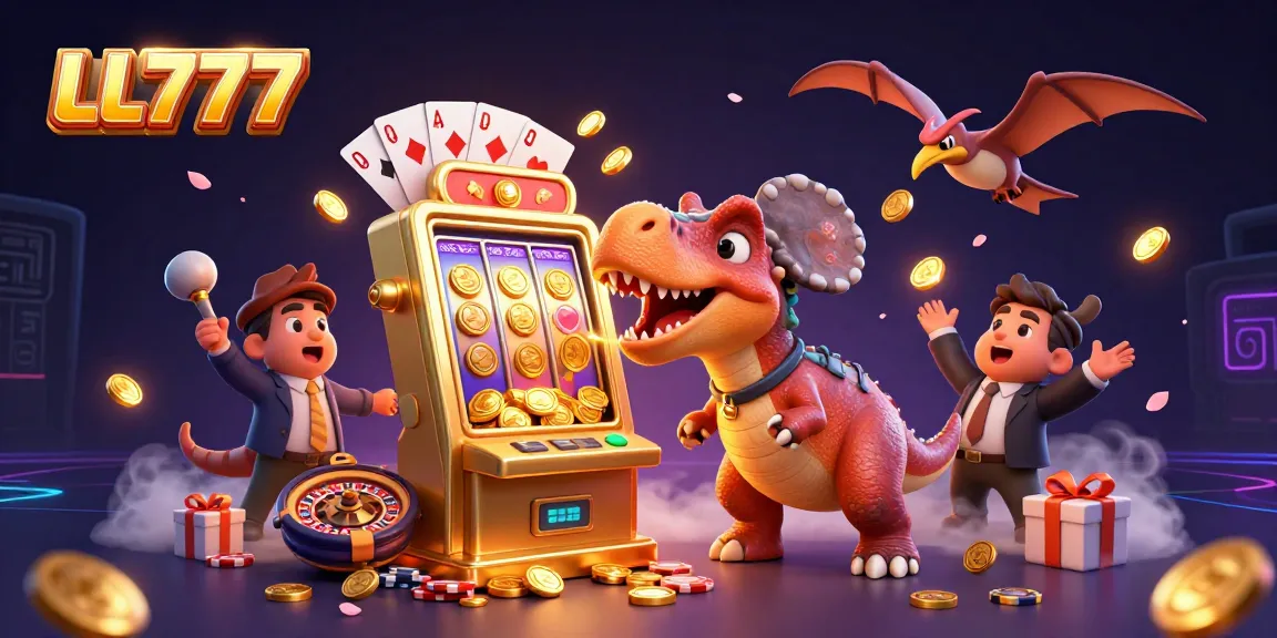 LL777 highlights a vibrant casino scene with a dinosaur celebrating jackpot wins amidst dynamic gaming elements.