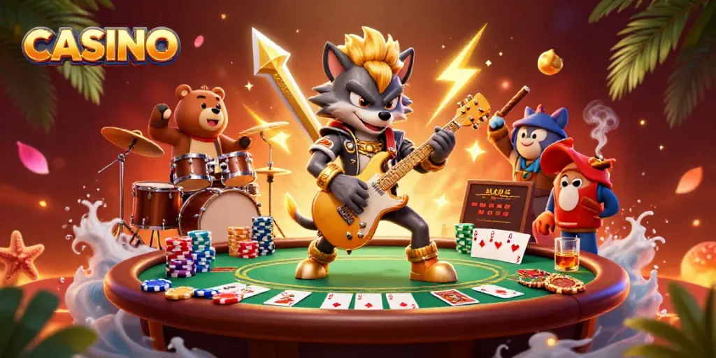 Experience energetic gaming fun in a vibrant casino setting with a rock star wolf and drummer bear.