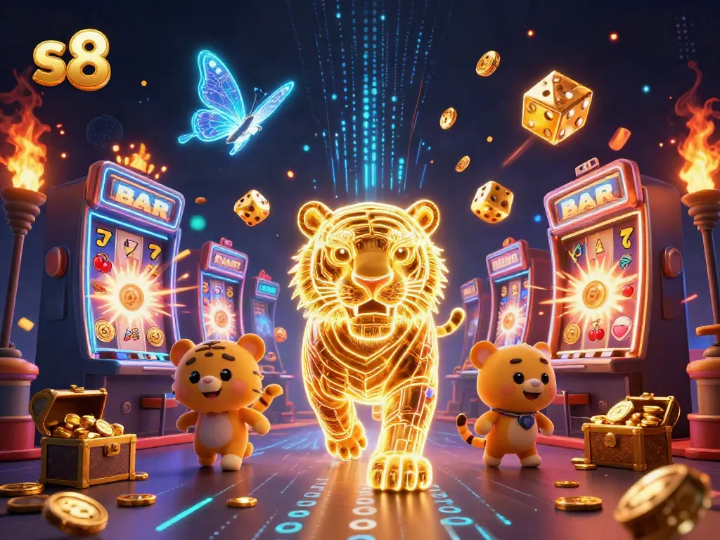 Engage in thrilling moments with S8's vibrant digital casino landscape featuring a golden tiger and colorful gaming elements.