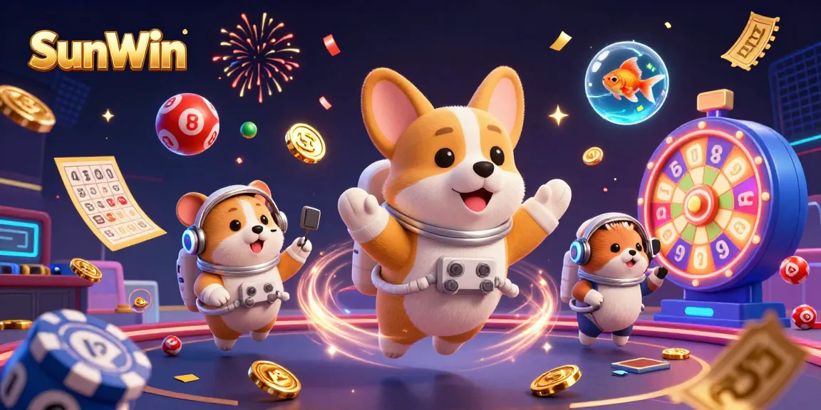 Experience thrilling gaming with SunWin as an astronaut corgi floats in a dynamic casino atmosphere.