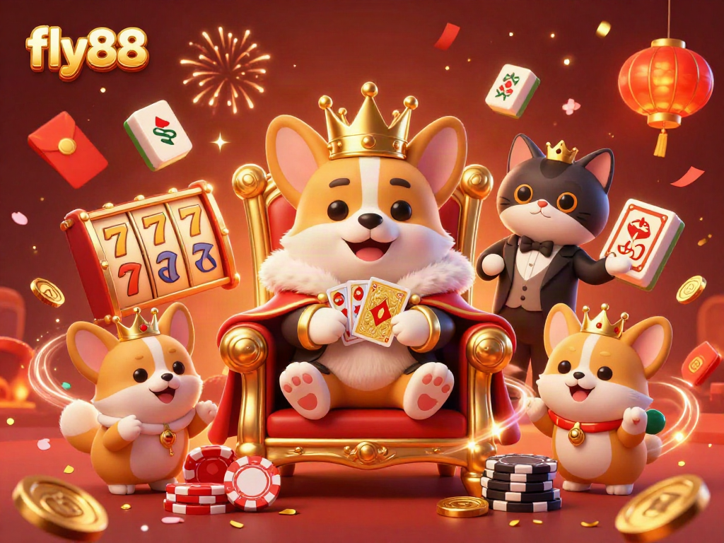 Experience the excitement of fly88 with a royal corgi seated on a throne of poker chips, surrounded by slots and festive elements.