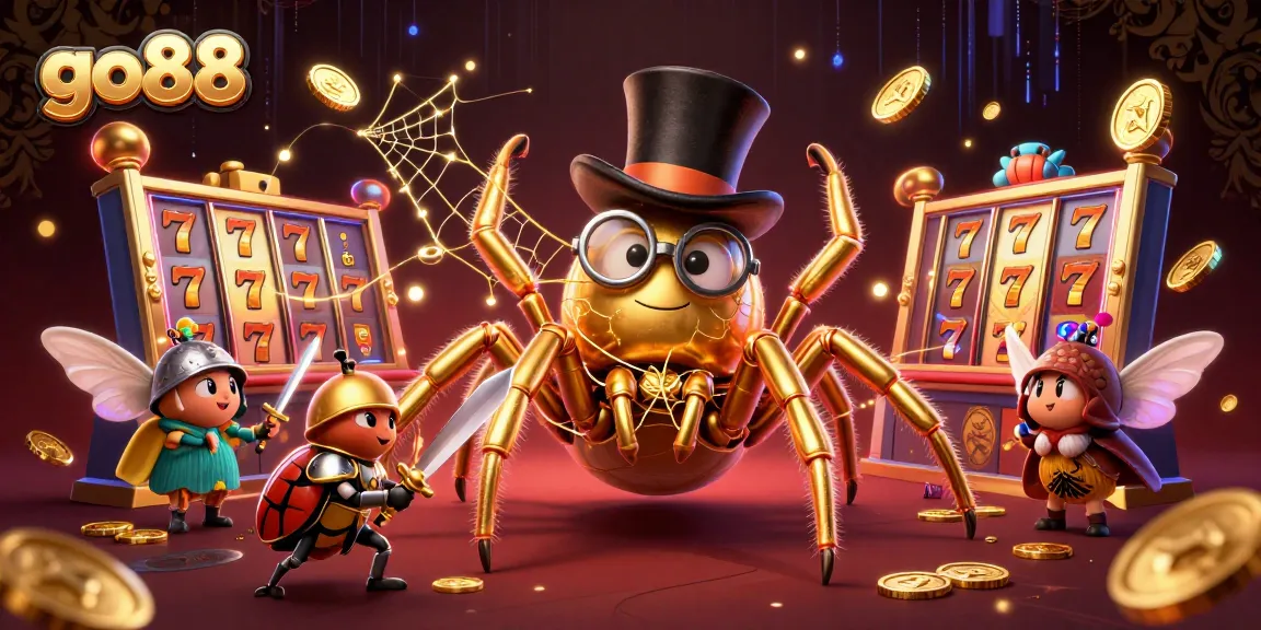 Engage with go88's vibrant casino world featuring a golden tarantula and beetle knight in action.