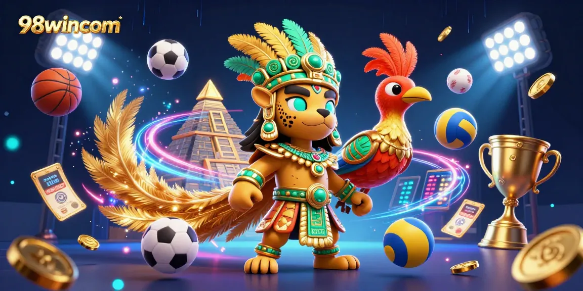 Experience thrilling sports betting with 98wincom's vibrant 3D casino scene featuring a Mayan jaguar priest.
