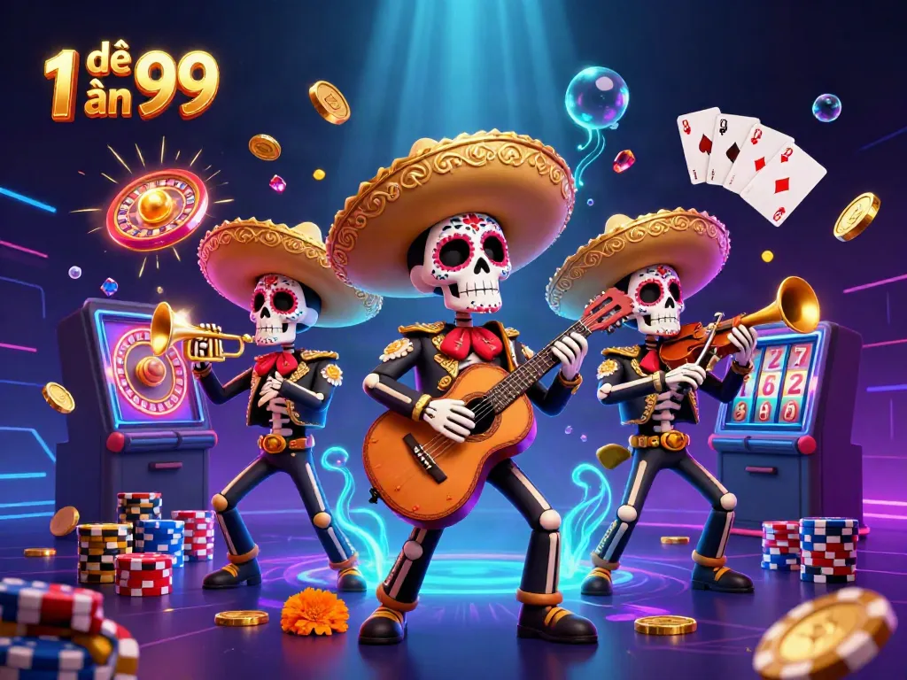 Experience the excitement of lô đề 1 ăn 99 with festive skeleton mariachis amidst casino elements.
