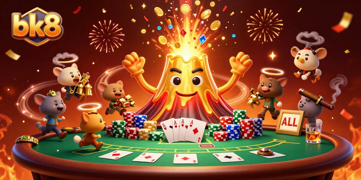 Engage in thrilling poker action at bk8 with a lively golden volcano erupting treasures amidst vibrant casino elements.