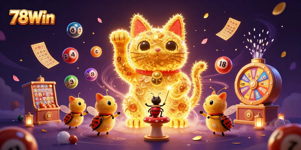 Play exciting games at 78Win with a dazzling scene of a lucky cat and vibrant casino symbols.
