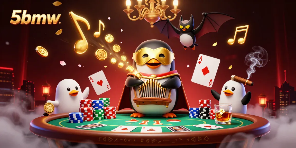 5bmw penguin organ player creates golden coin excitement at a vivid poker table scene