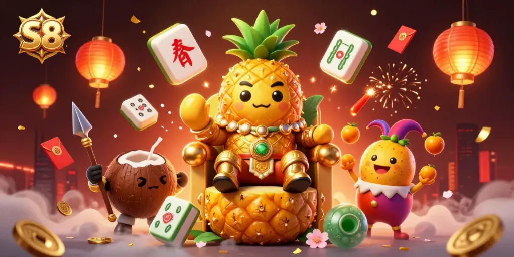 S8-themed cartoon illustration capturing a lively beach casino scene with a golden pineapple king, showcasing vibrant gambling elements.